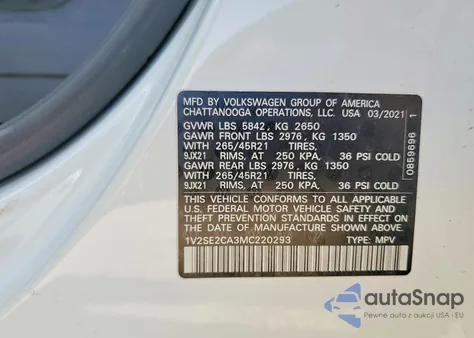 2021 Volkswagen Atlas Cross Sport Sel R-Line z USA, uszkodzony, nr VIN 1V2SE2CA3MC220293